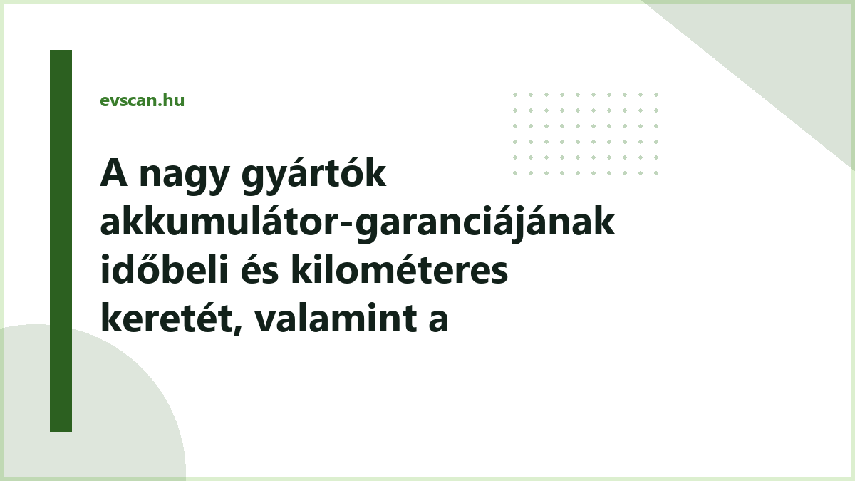 A nagy gyártók akkumulátor-garanciájának időbeli és kilométeres keretét, valamint a kapacitásküszöböt összehasonlító táblázatos ábra