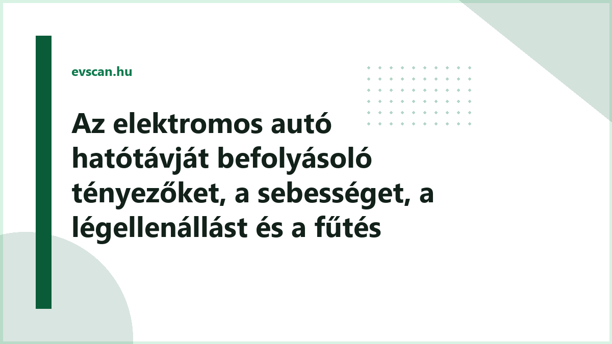 Az elektromos autó hatótávját befolyásoló tényezőket, a sebességet, a légellenállást és a fűtés fogyasztását bemutató sematikus ábra