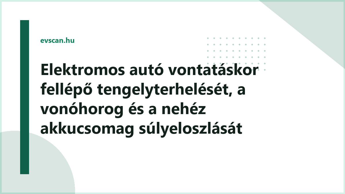 Elektromos autó vontatáskor fellépő tengelyterhelését, a vonóhorog és a nehéz akkucsomag súlyeloszlását bemutató sematikus ábra